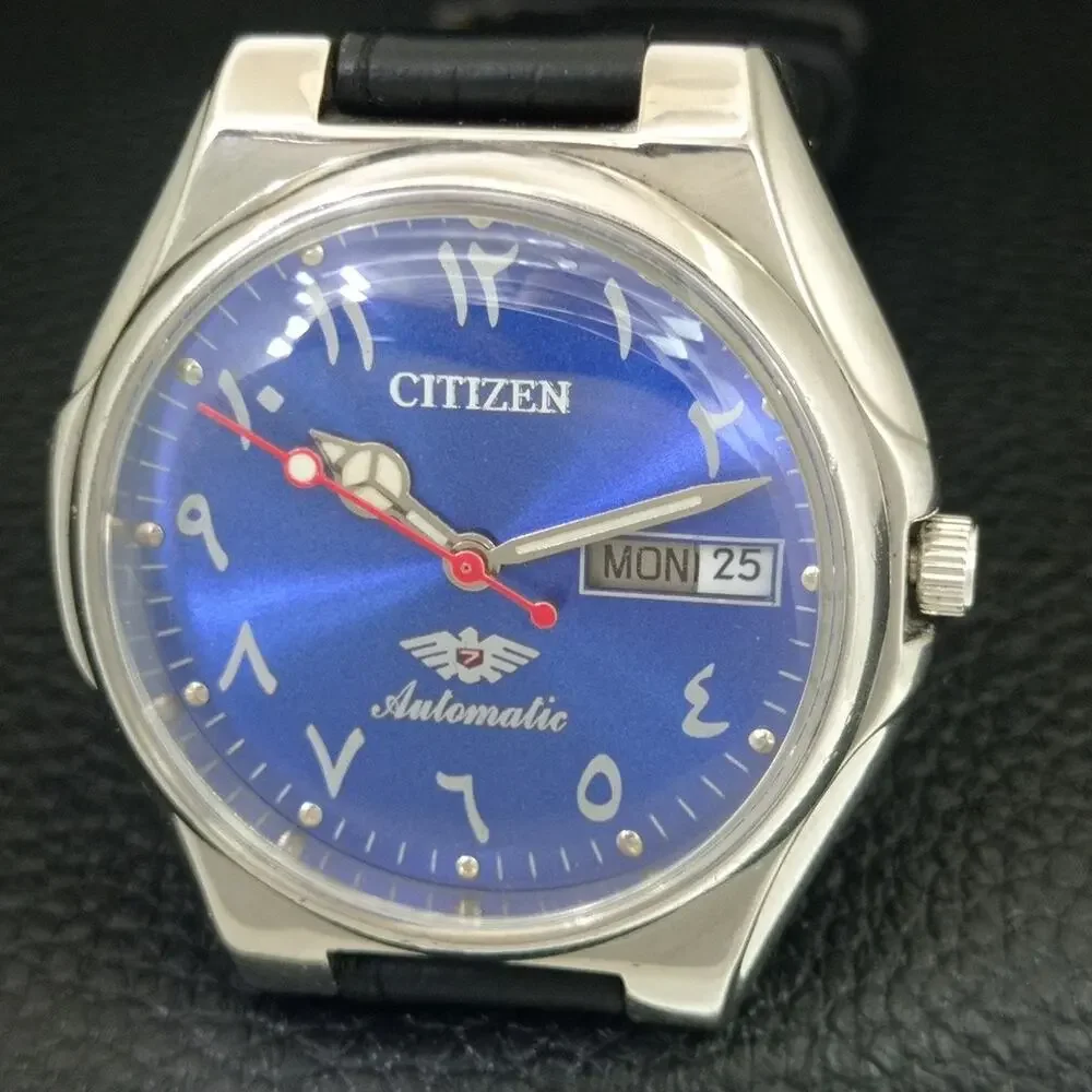 Vintage 1984 Citizen Automatic Mens Silver Watch W/daydate & Blue accents